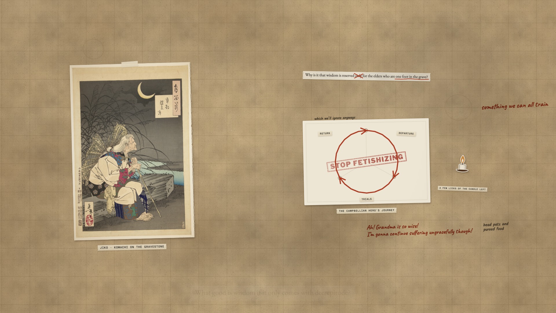 A paper board: Yoshitoshi’s aged Komachi seated on a gravestone, the hero’s journey drawn as a red circle on a card with a stamp reading stop fetishizing across it, a candle stub, and Ah! Grandma is so wise! in marker.