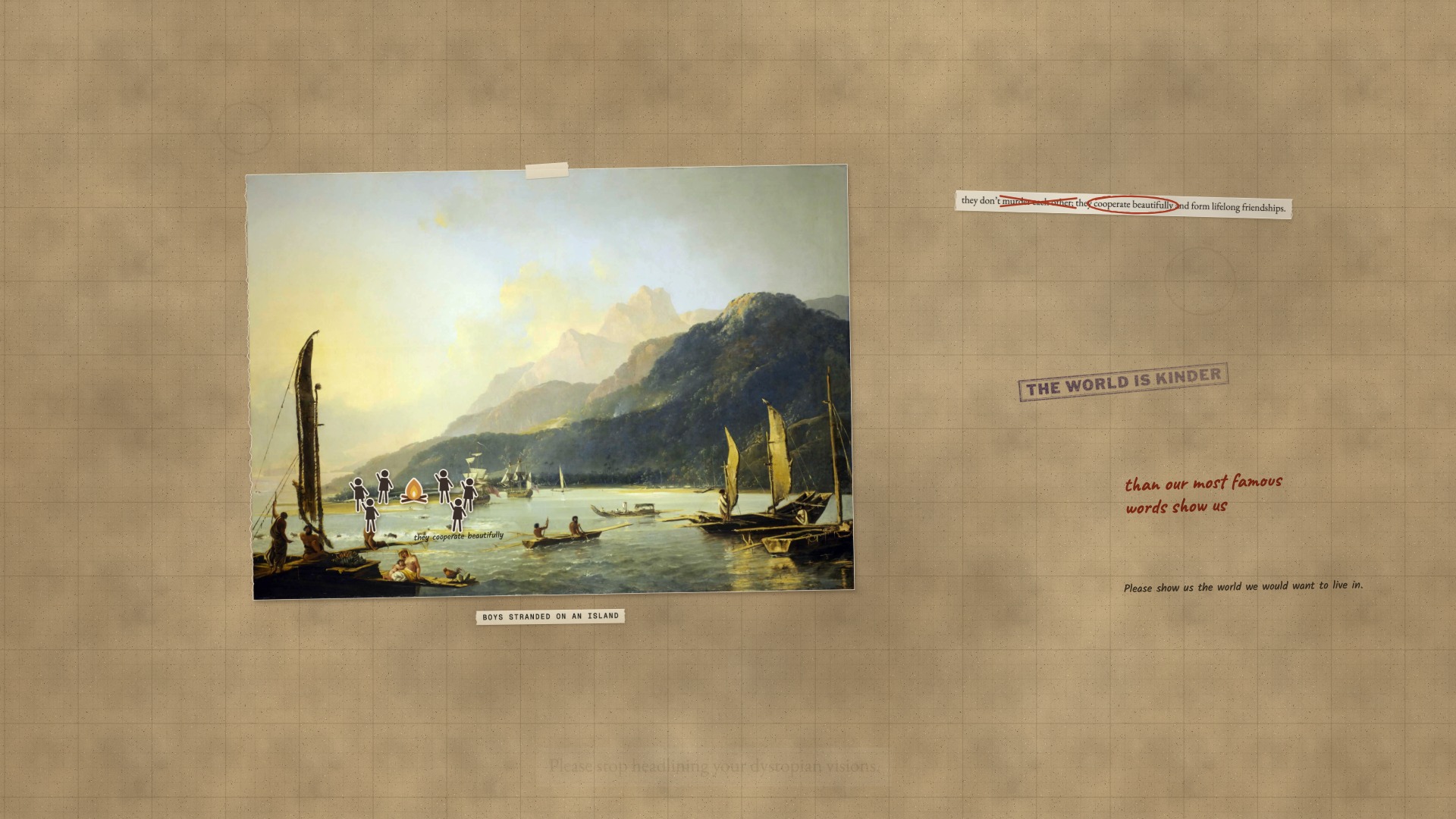 A paper board: Hodges’ painting of Matavai Bay with six paper boys around a fire on its beach, a clipping with murder each other struck out and cooperate beautifully ringed, and a stamp reading the world is kinder.