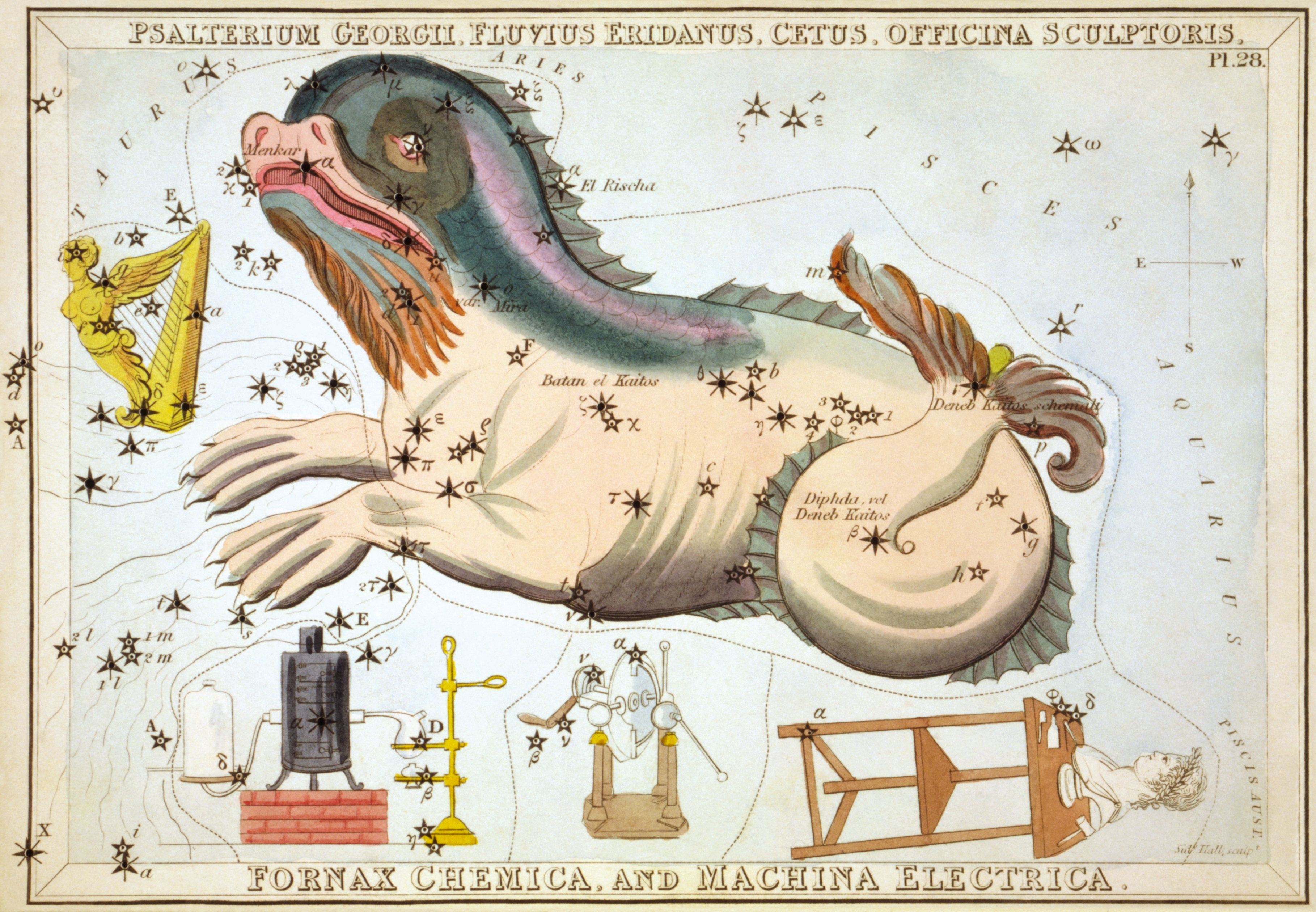 An 1825 star chart of Cetus, the whale, drawn as a great sea beast among the stars.
