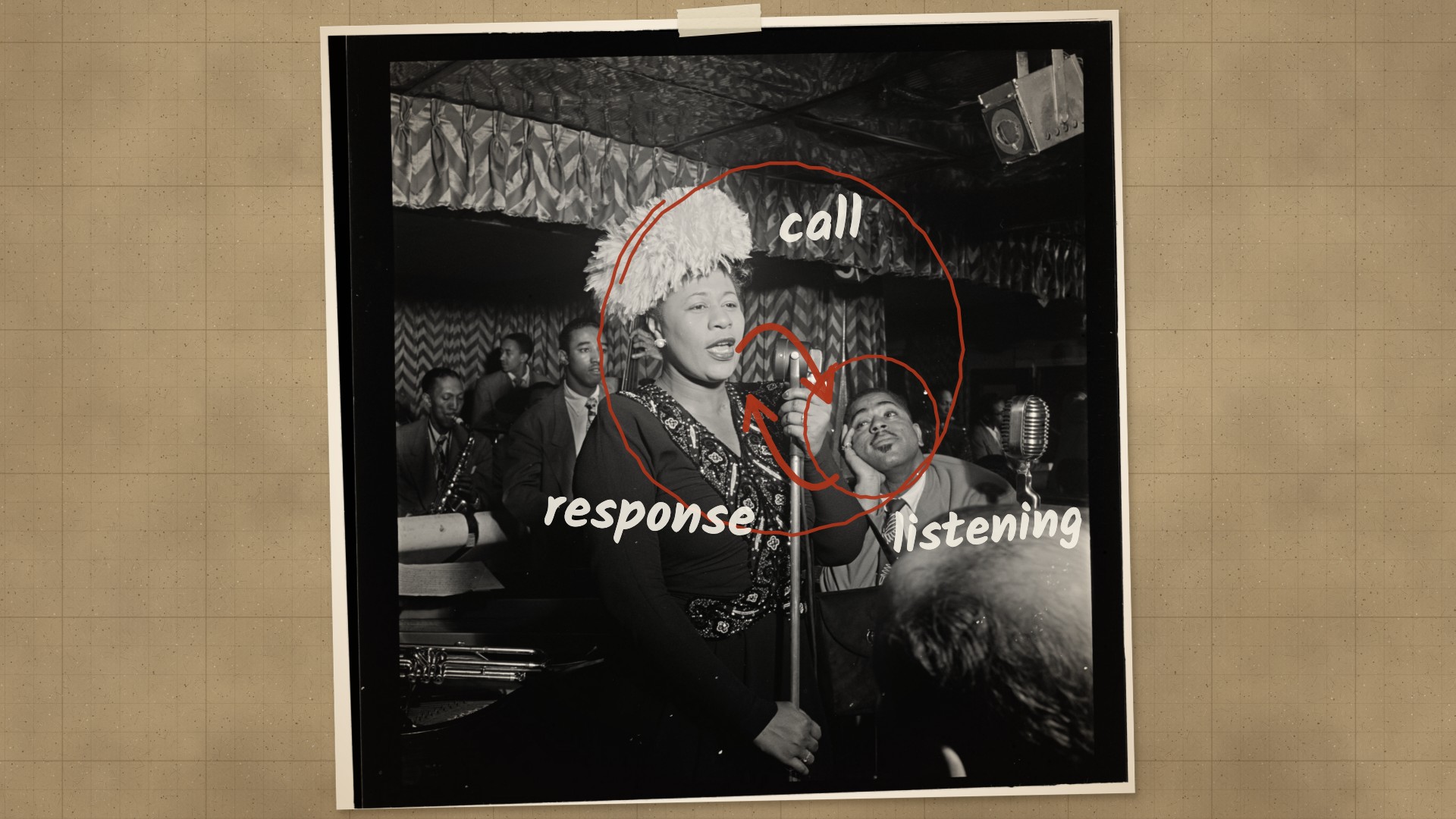 Ella Fitzgerald sings while Dizzy Gillespie listens