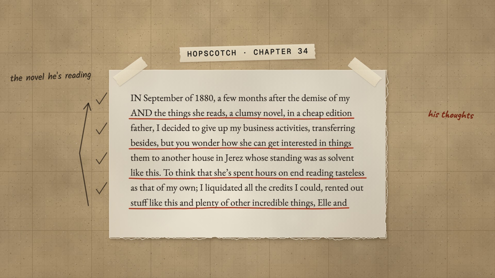 A page from chapter 34, the novel and Horacio’s thoughts in alternate lines