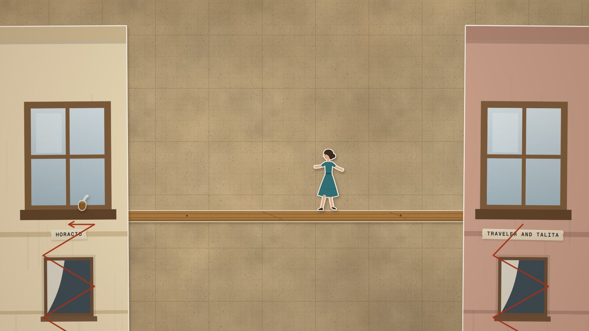 Talita crossing a plank between two apartment windows