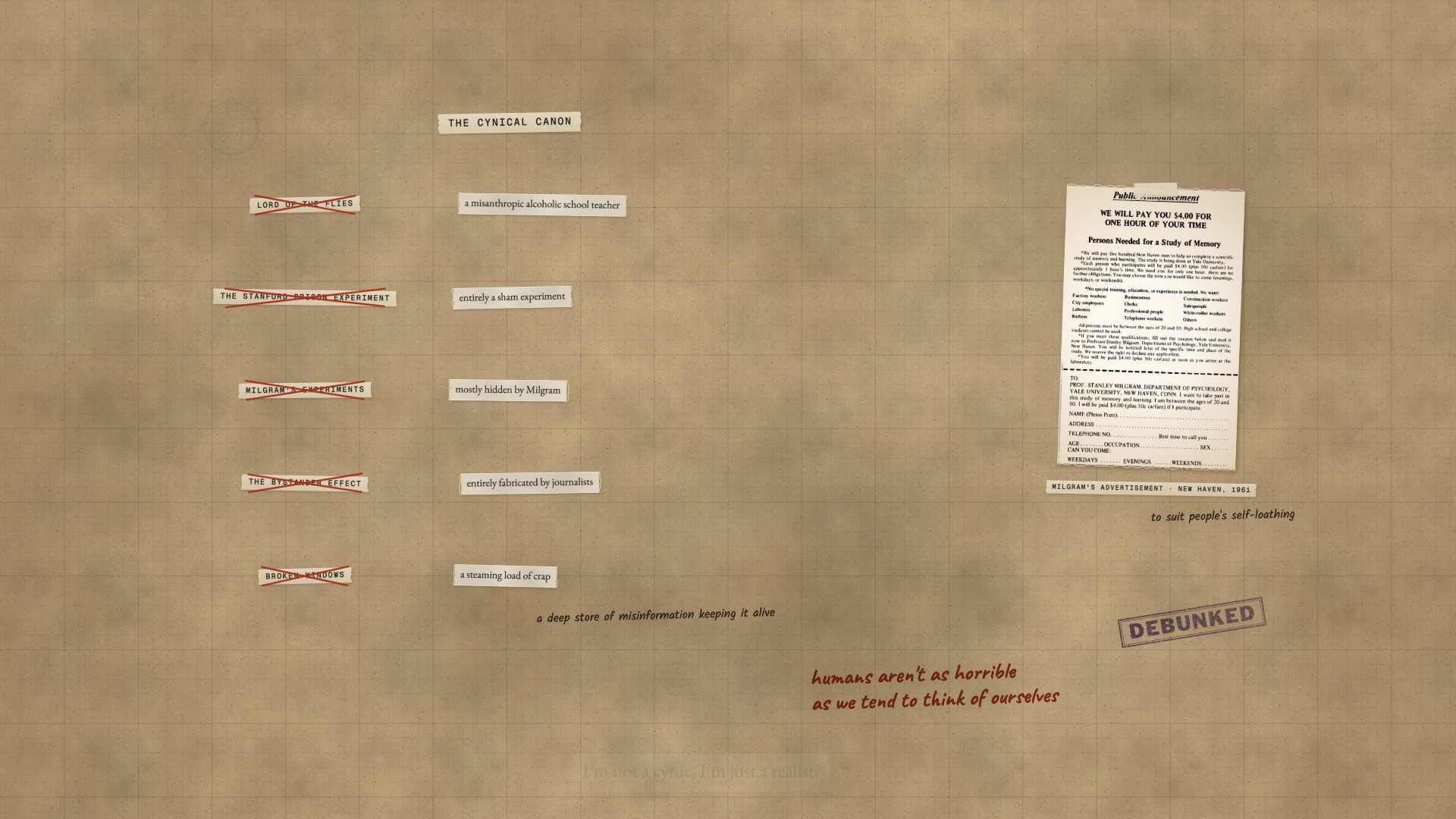 A paper board: the Cynical Canon as five tape labels crossed out, Simon’s verdict beside each, and Milgram’s 1961 advertisement.
