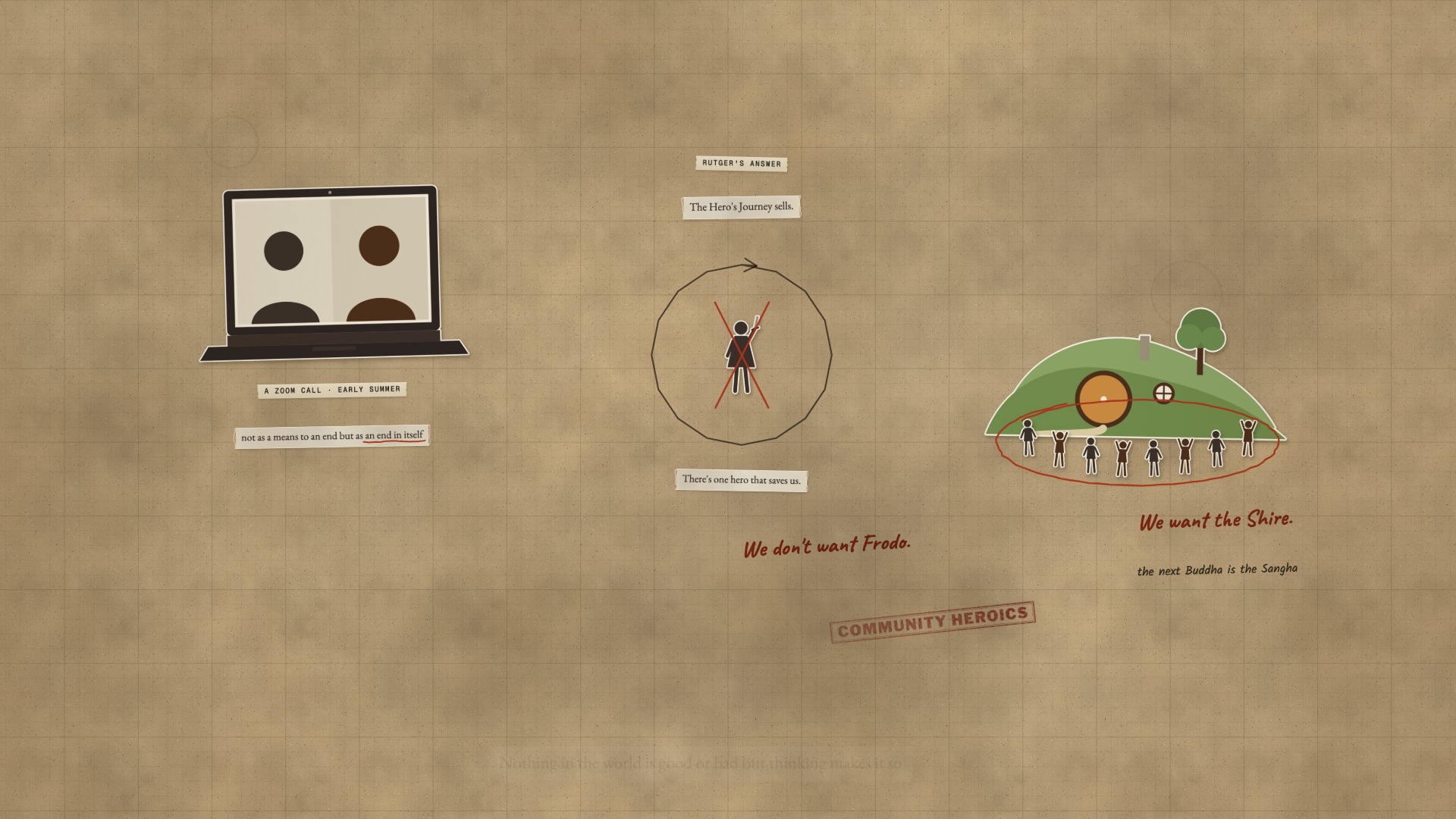 A paper board: a paper laptop on a video call, one paper hero inside a pencil circle crossed out, and eight paper figures in front of a green hill with a round door.