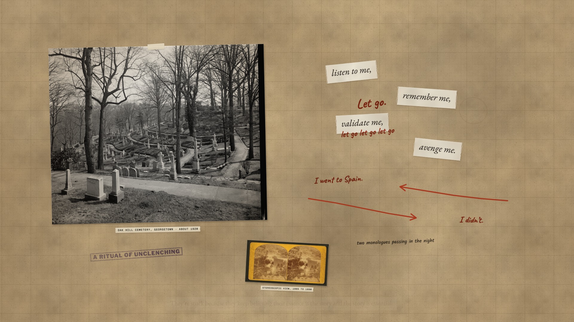 A paper board: Oak Hill Cemetery, four cut strips of the ghosts’ demands with let go written across them, and two marker arrows passing each other.