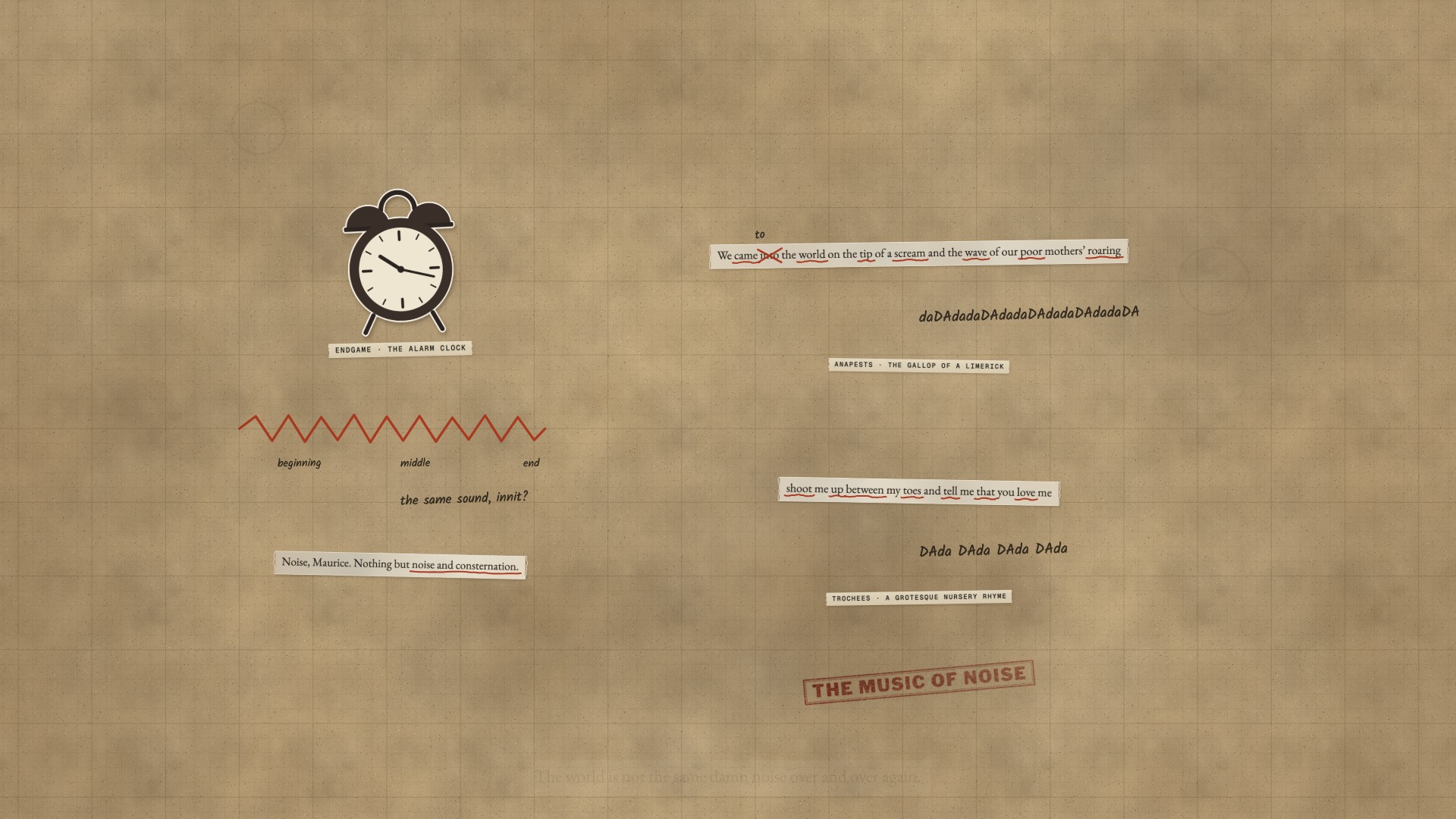A paper board: an alarm clock and its rattle, then two of Barry’s lines with their stressed words underlined in rhythm.