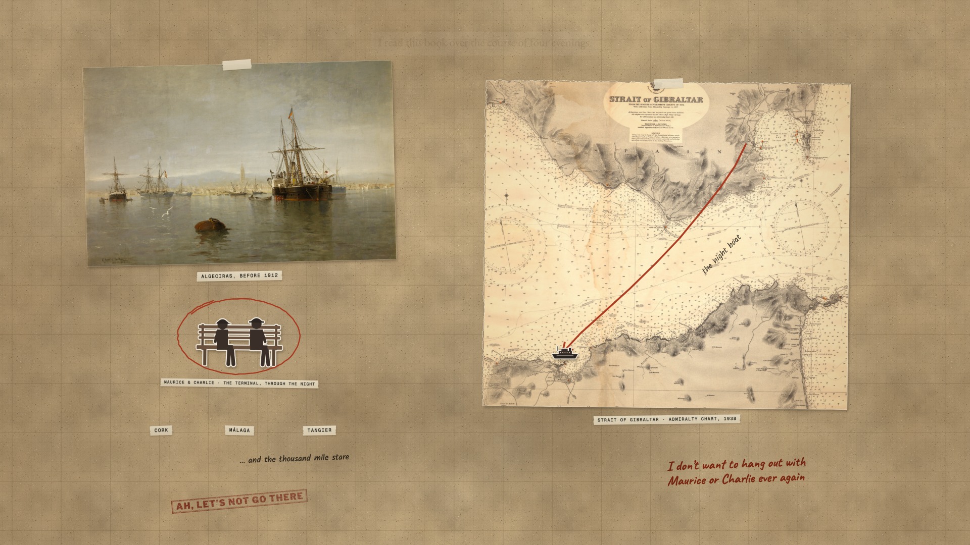 A paper board: the port of Algeciras, two paper men on a bench at the terminal, and the night boat’s line drawn across a chart of the strait to Tangier.