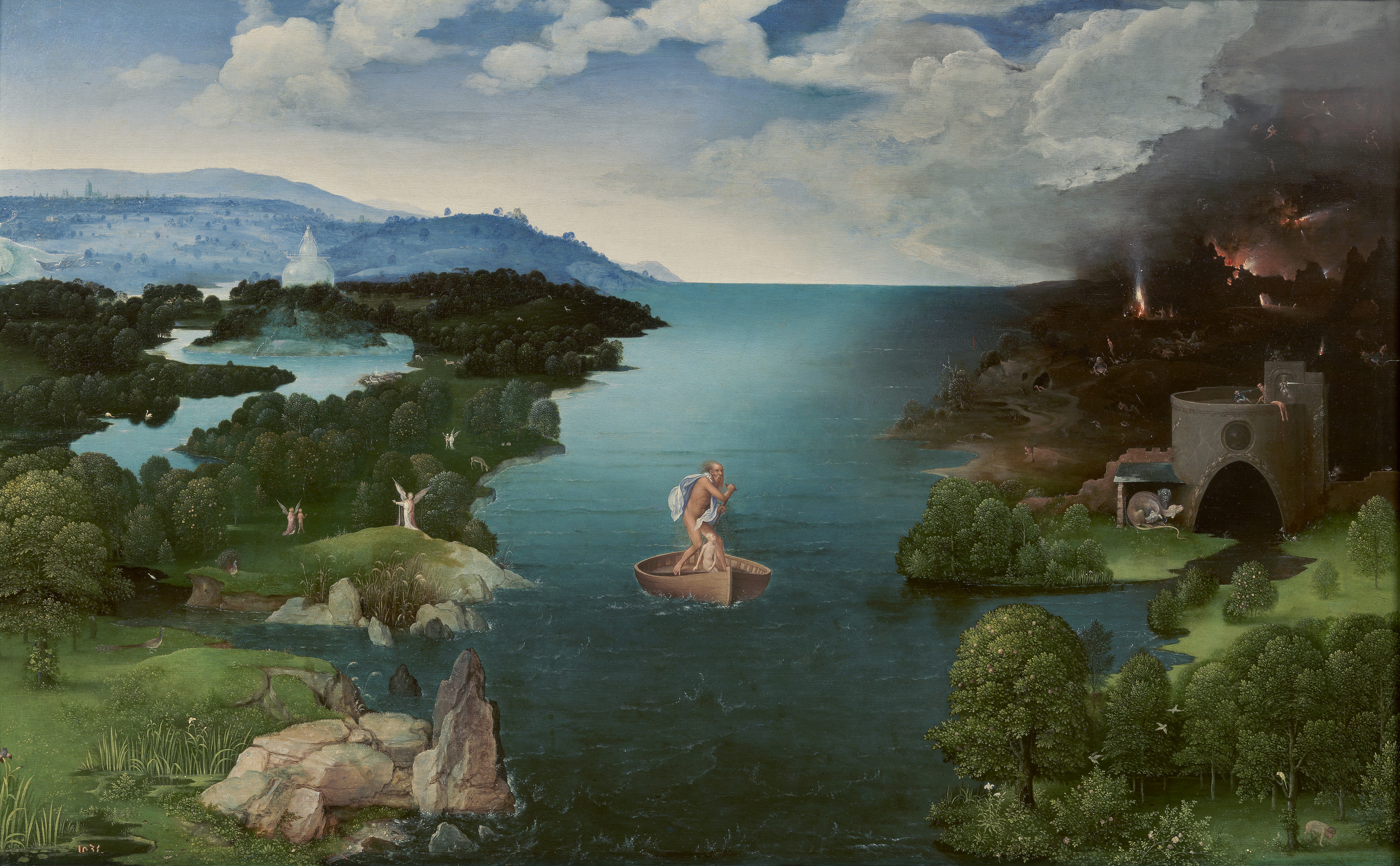 Joachim Patinir’s painting of Charon crossing the Styx in a small boat, paradise on the left bank and a burning hell on the right.
