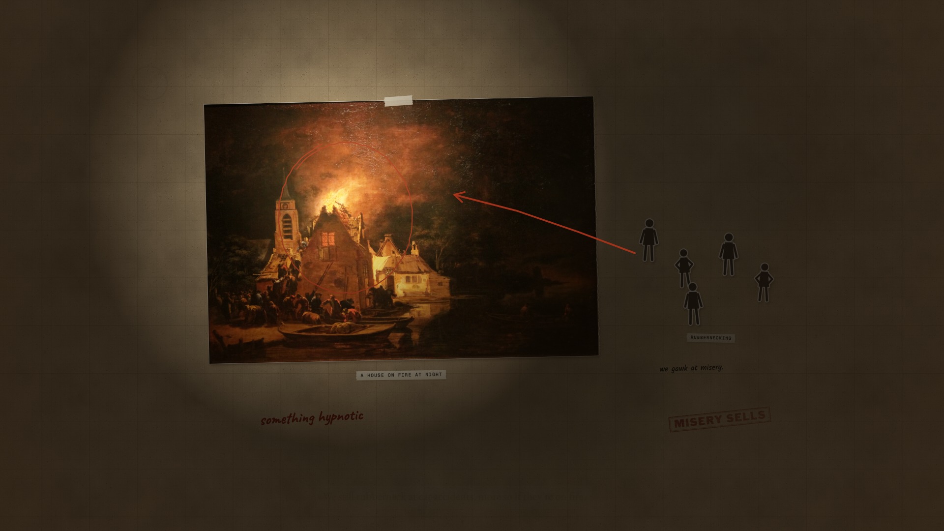 A paper board at night: a painting of a house on fire in one warm pool of light, five paper figures watching it, a stamp reading misery sells.