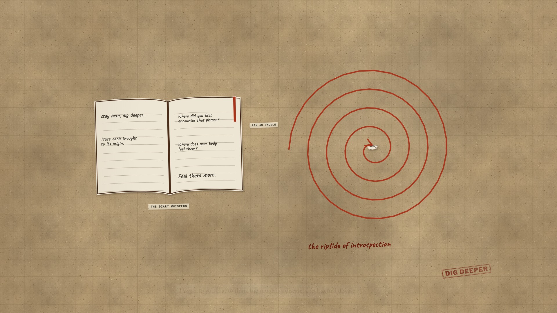 A paper board: an open diary with its whispers in pencil, and a red marker coil that a paper boat rides inward, pen as paddle.