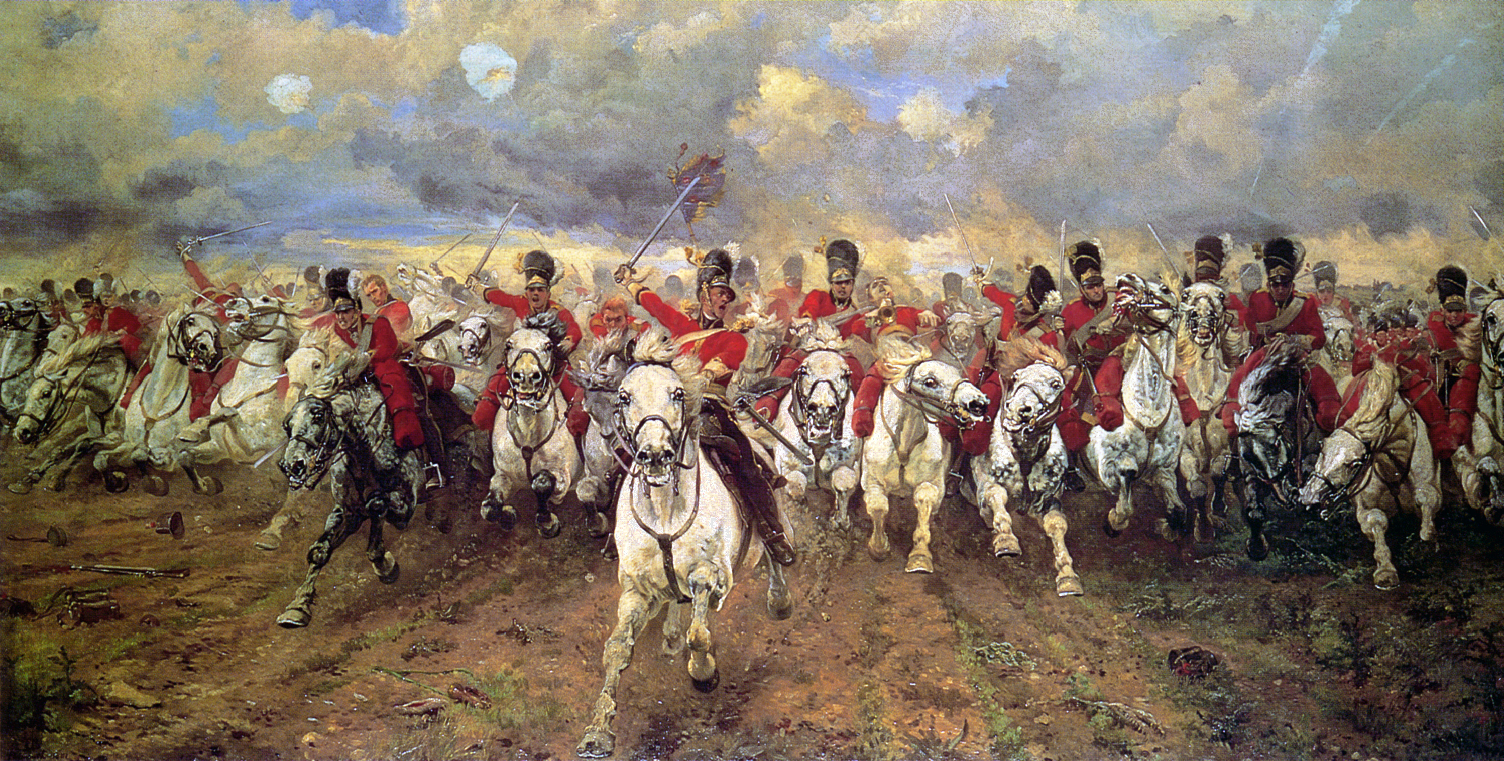 Elizabeth Thompson’s painting Scotland Forever!: the Scots Greys charging straight at the viewer, sabres raised.