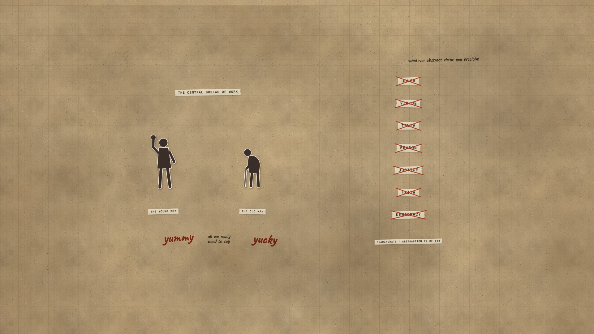 A paper board: the young boy and the old man as paper figures with yummy and yucky written under them, and a column of abstractions crossed out by the marker.