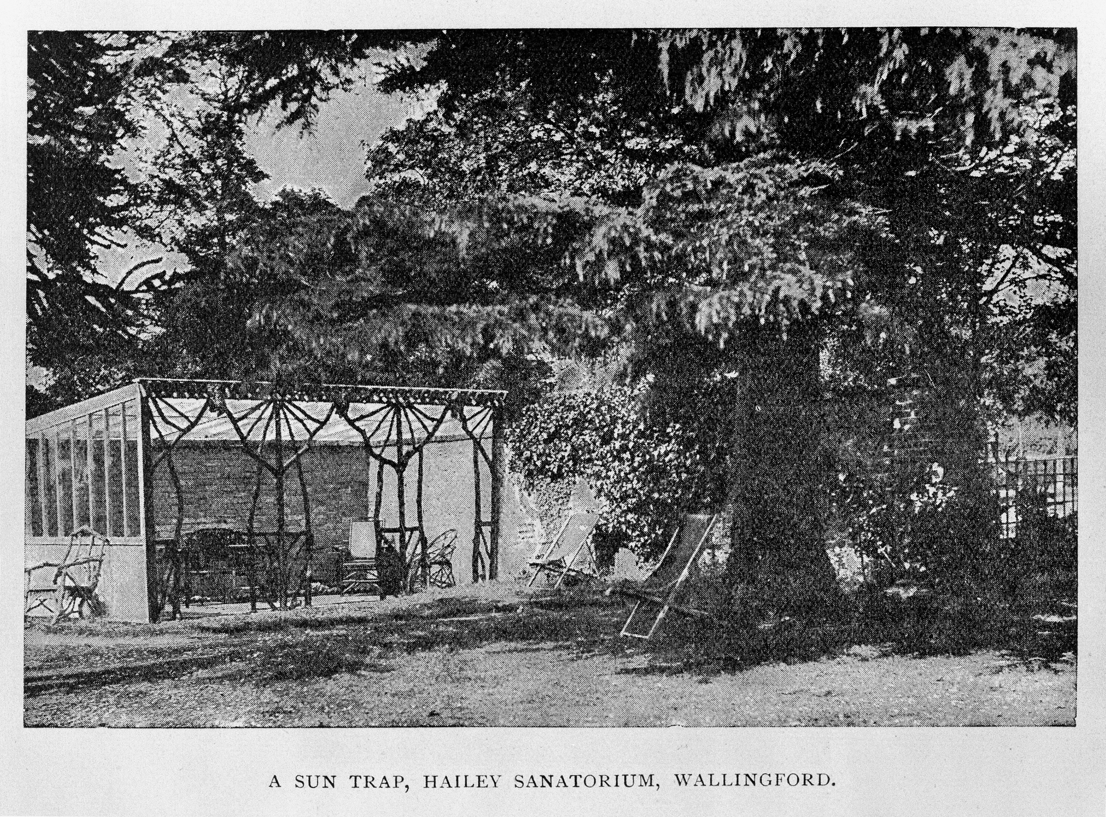 A sun trap at Hailey Sanatorium, Wallingford, with deck chairs in the garden.