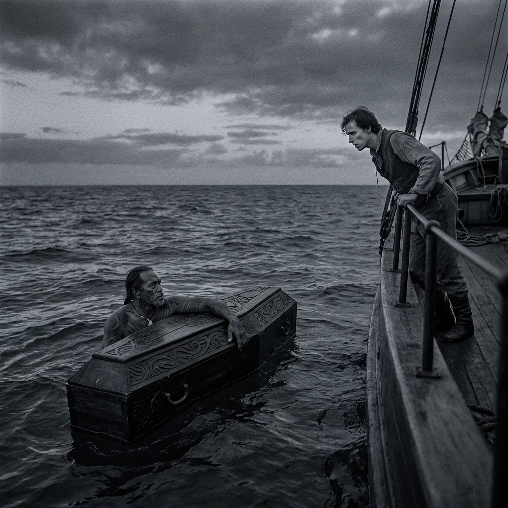 AI visualization of Queequeg's Coffin Transformation from Moby-Dick