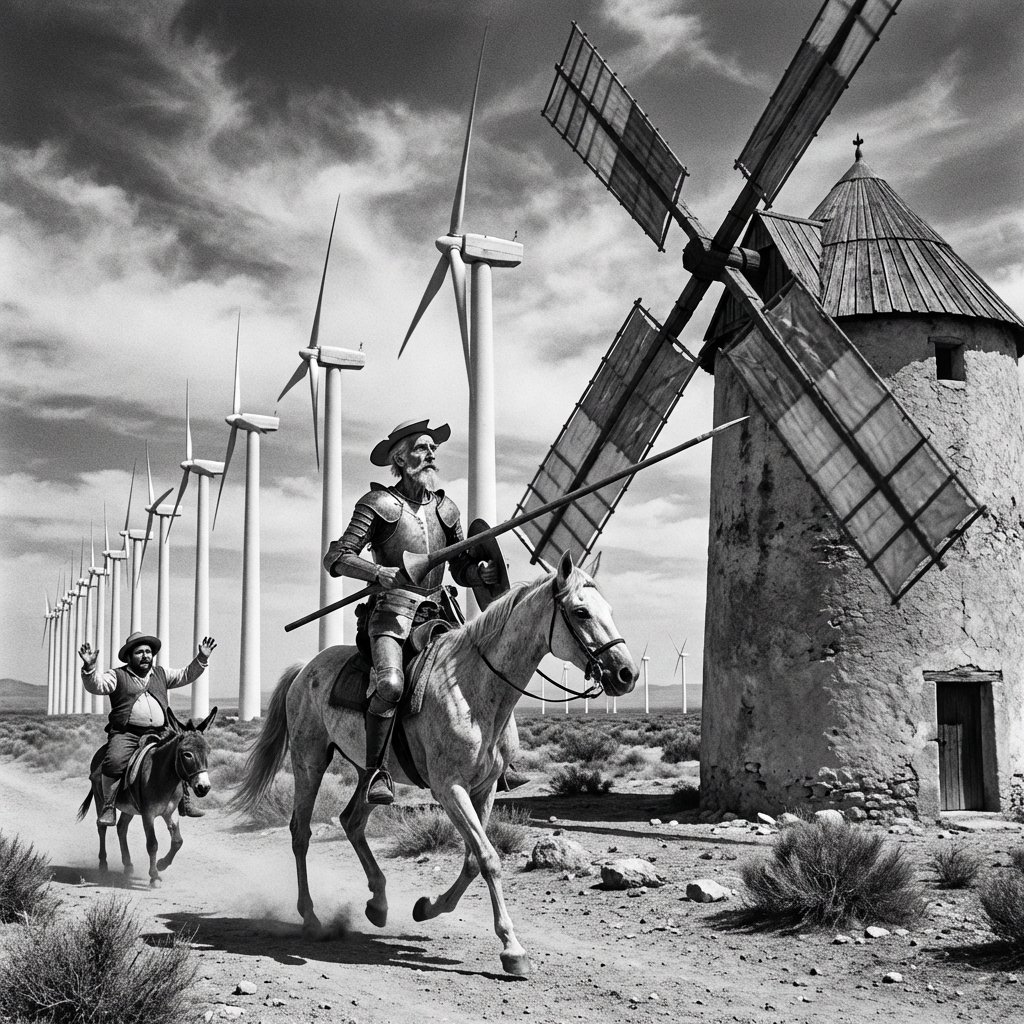 AI visualization of Tilting at Windmills from Don Quixote